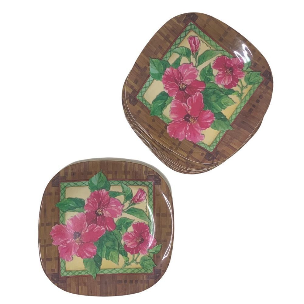 Keller Charles Dining, Melamine Plates 12 Pink Tropical Floral & Basket Weave